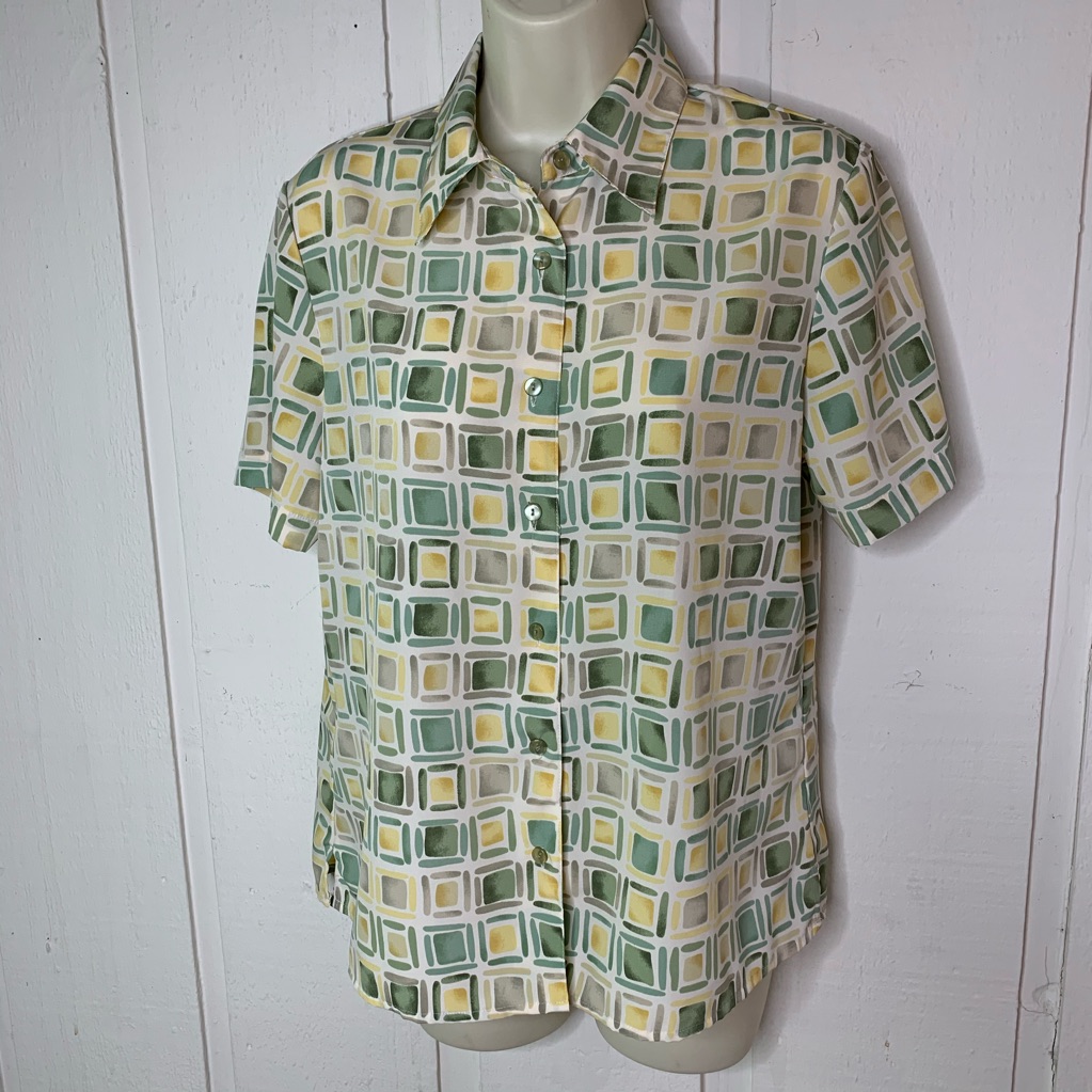 Notations Geometric Sage Green And Butter Yellow Print Vtg Semi Sheer Blouse